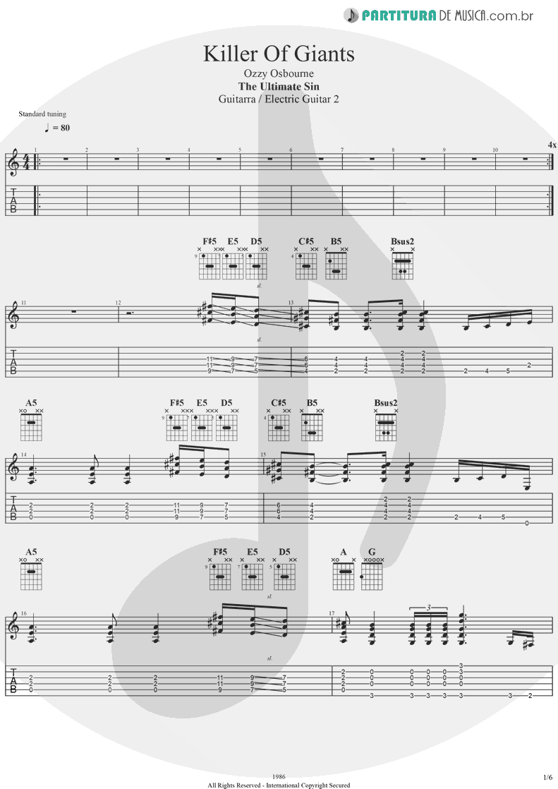 Tablatura + Partitura de musica de Guitarra Elétrica - Killer Of Giants | Ozzy Osbourne | The Ultimate Sin 1986 - pag 1