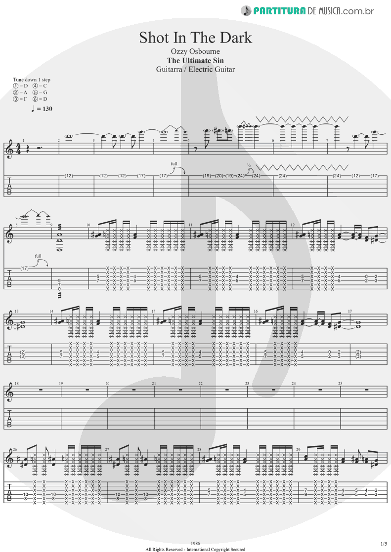 Tablatura + Partitura de musica de Guitarra Elétrica - Shot In The Dark | Ozzy Osbourne | The Ultimate Sin 1986 - pag 1