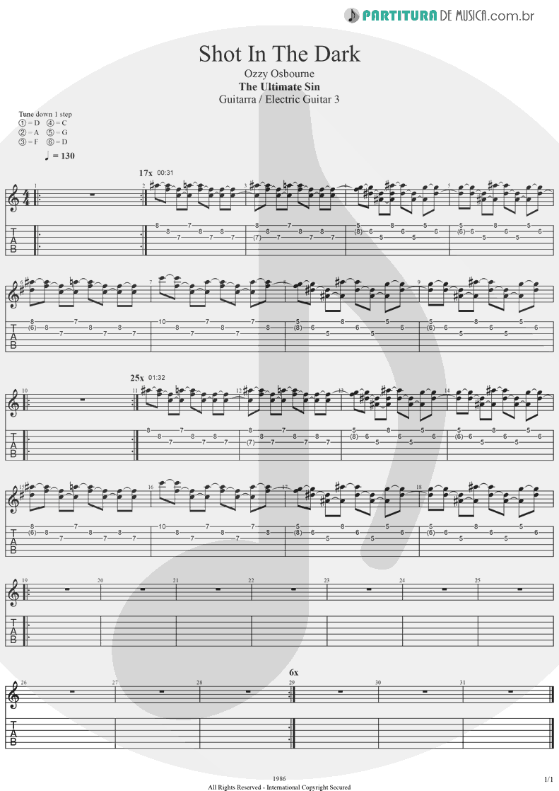 Tablatura + Partitura de musica de Guitarra Elétrica - Shot In The Dark | Ozzy Osbourne | The Ultimate Sin 1986 - pag 1