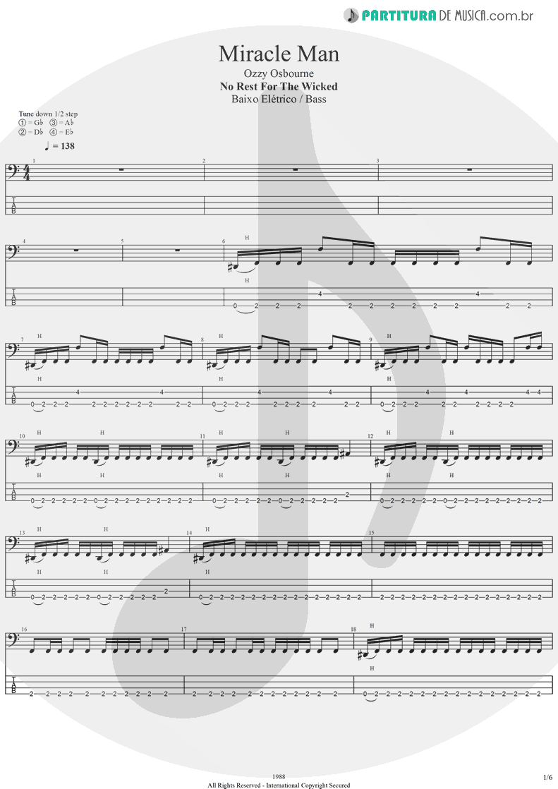 Tablatura + Partitura de musica de Baixo Elétrico - Miracle Man | Ozzy Osbourne | No Rest For The Wicked 1988 - pag 1