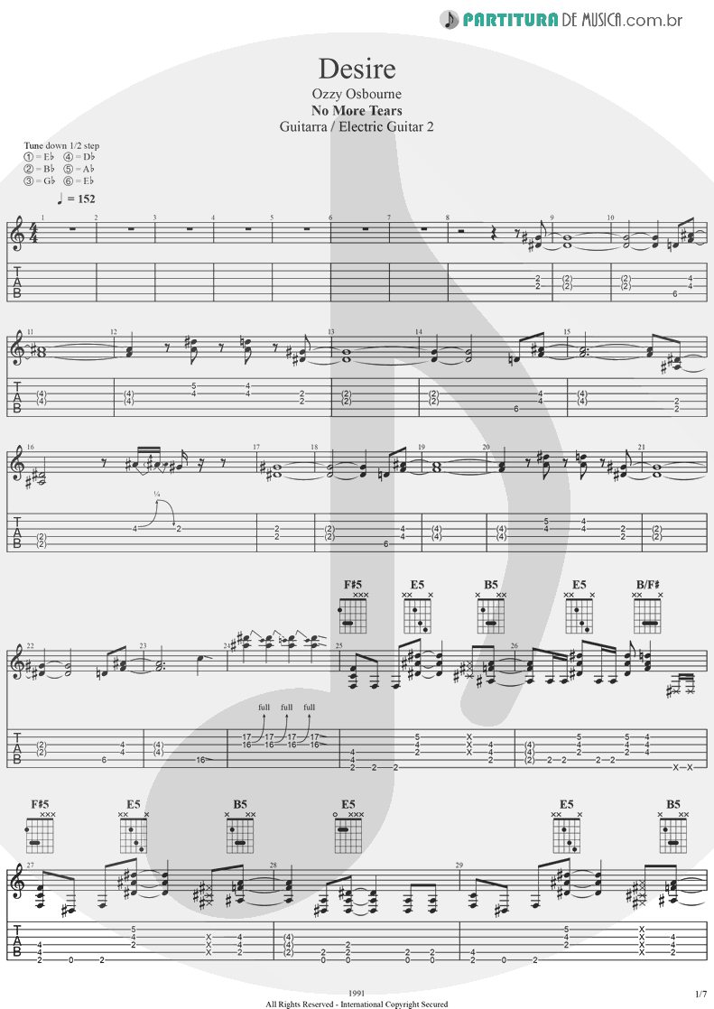 Tablatura + Partitura de musica de Guitarra Elétrica - Desire | Ozzy Osbourne | No More Tears 1991 - pag 1
