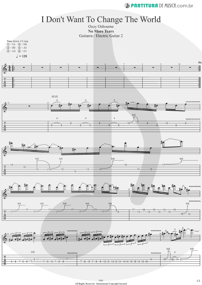 Tablatura + Partitura de musica de Guitarra Elétrica - I Don't Want To Change The World | Ozzy Osbourne | No More Tears 1991 - pag 1