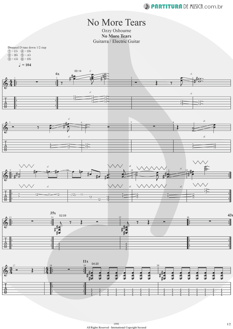 Tablatura + Partitura de musica de Guitarra Elétrica - No More Tears | Ozzy Osbourne | No More Tears 1991 - pag 1