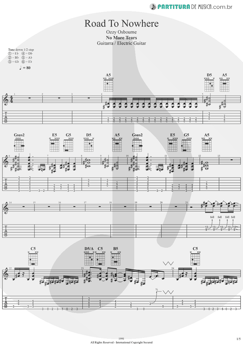 Tablatura + Partitura de musica de Guitarra Elétrica - Road To Nowhere | Ozzy Osbourne | No More Tears 1991 - pag 1