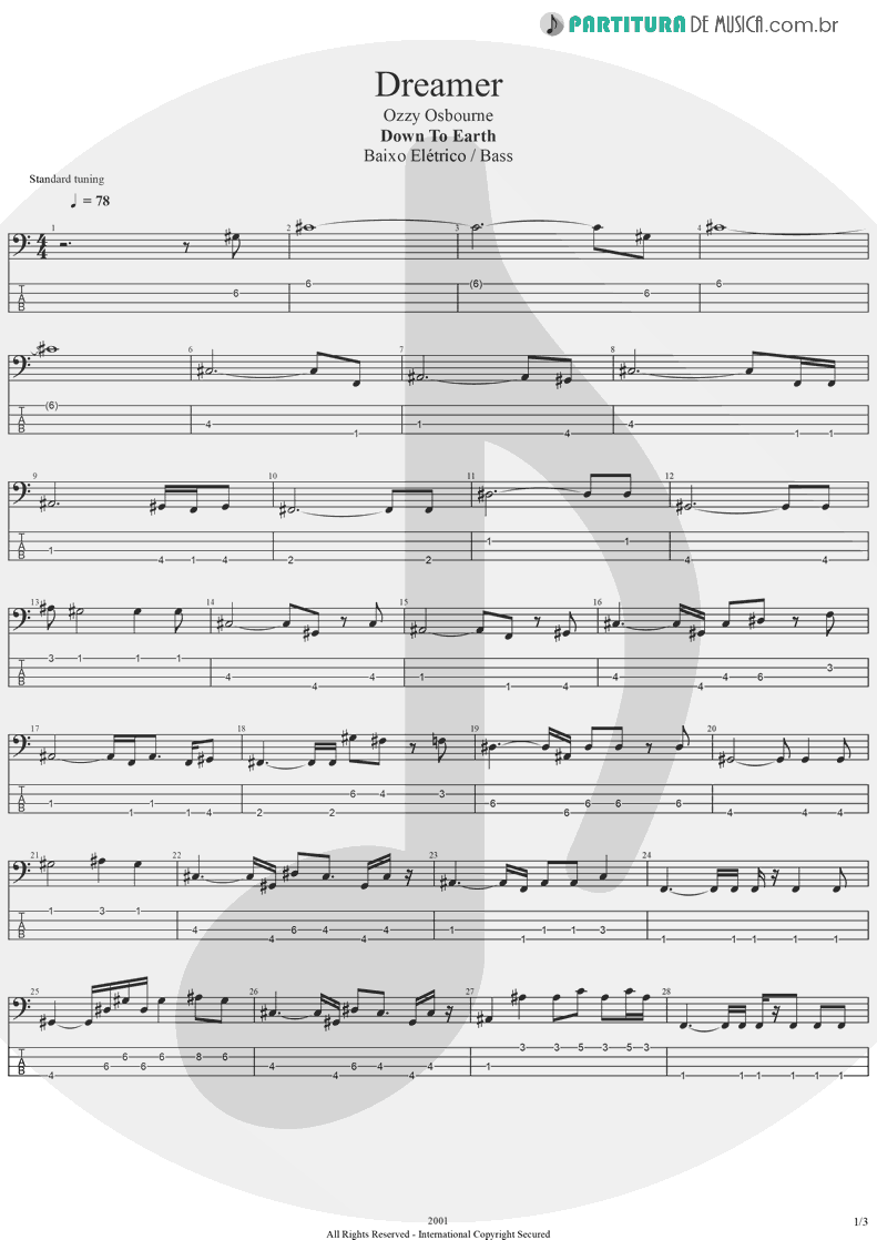 Tablatura + Partitura de musica de Baixo Elétrico - Dreamer | Ozzy Osbourne | Down To Earth 2001 - pag 1