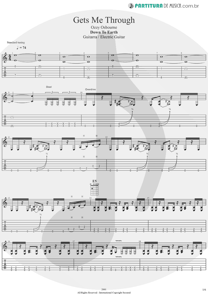 Tablatura + Partitura de musica de Guitarra Elétrica - Gets Me Through | Ozzy Osbourne | Down To Earth 2001 - pag 1
