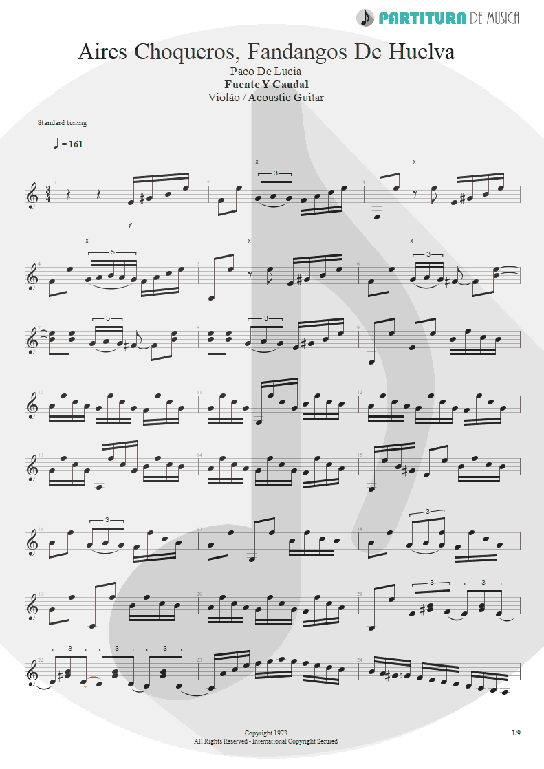 Partitura de musica de Violão - Aires Choqueros, Fandangos De Huelva | Paco de Lucía | Fuente y Caudal 1973 - pag 1