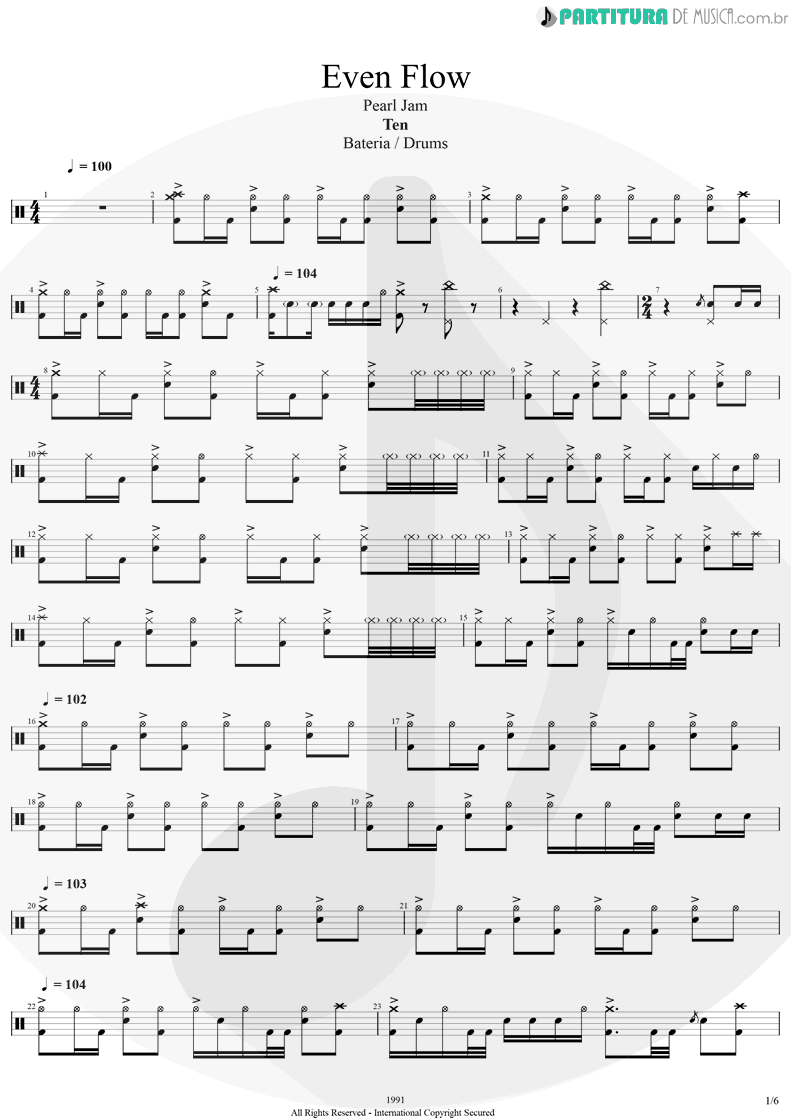 Partitura de musica de Bateria - Even Flow | Pearl Jam | Ten 1991 - pag 1