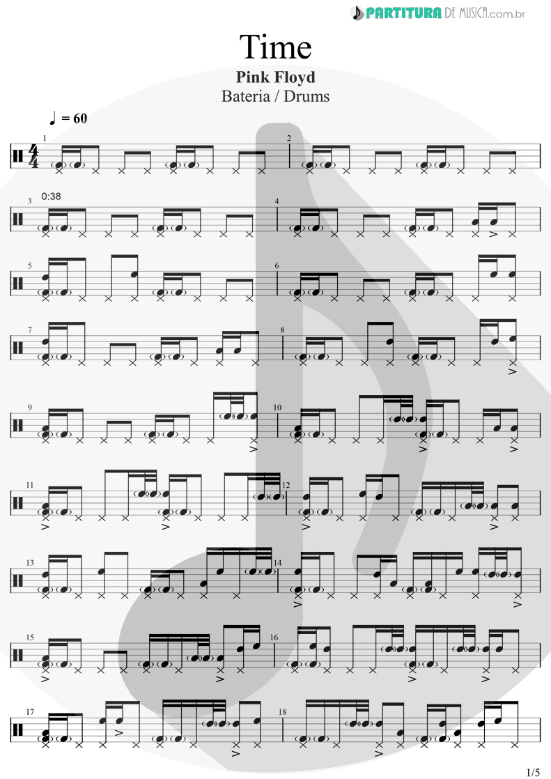 Partitura de musica de Bateria - Time | Pink Floyd | The Dark Side Of The Moon 1973 - pag 1