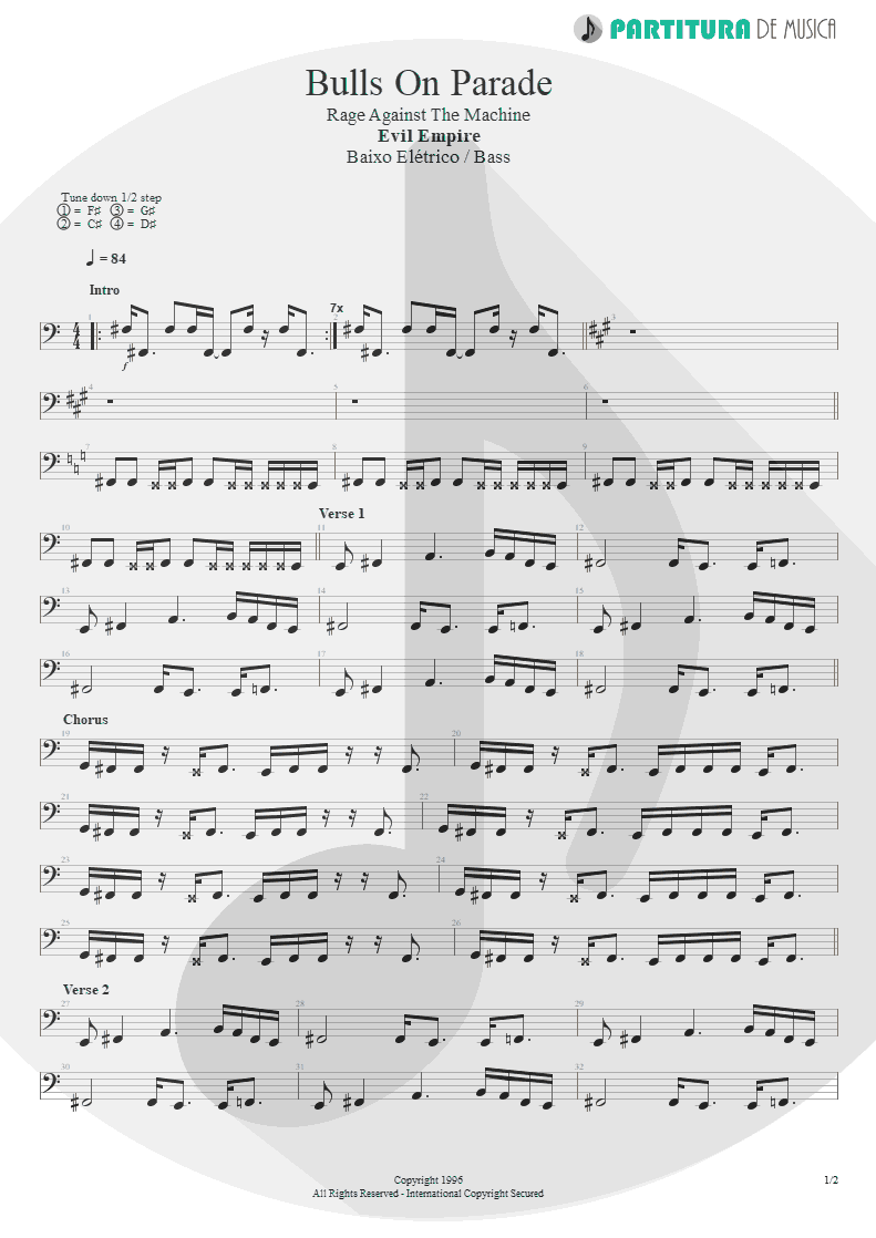 Partitura de musica de Baixo Elétrico - Bulls On Parade | Rage Against the Machine | Evil Empire 1996 - pag 1