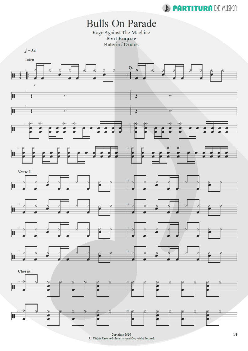 Partitura de musica de Bateria - Bulls On Parade | Rage Against the Machine | Evil Empire 1996 - pag 1