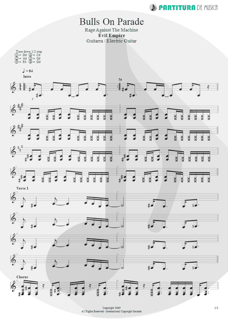 Partitura de musica de Guitarra Elétrica - Bulls On Parade | Rage Against the Machine | Evil Empire 1996 - pag 1