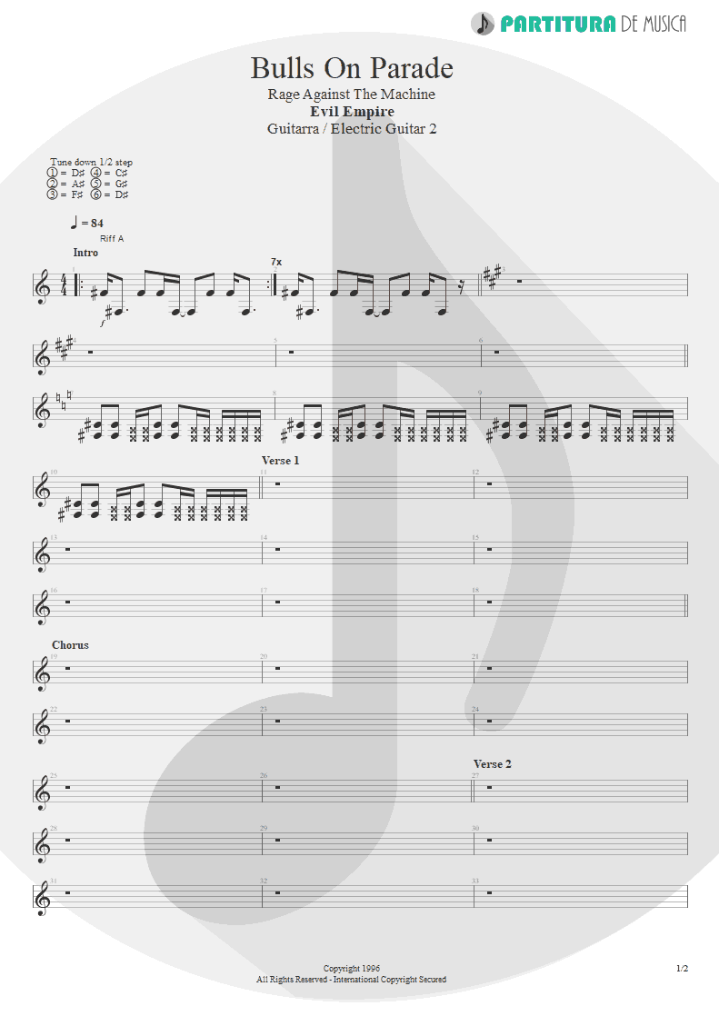 Partitura de musica de Guitarra Elétrica - Bulls On Parade | Rage Against the Machine | Evil Empire 1996 - pag 1