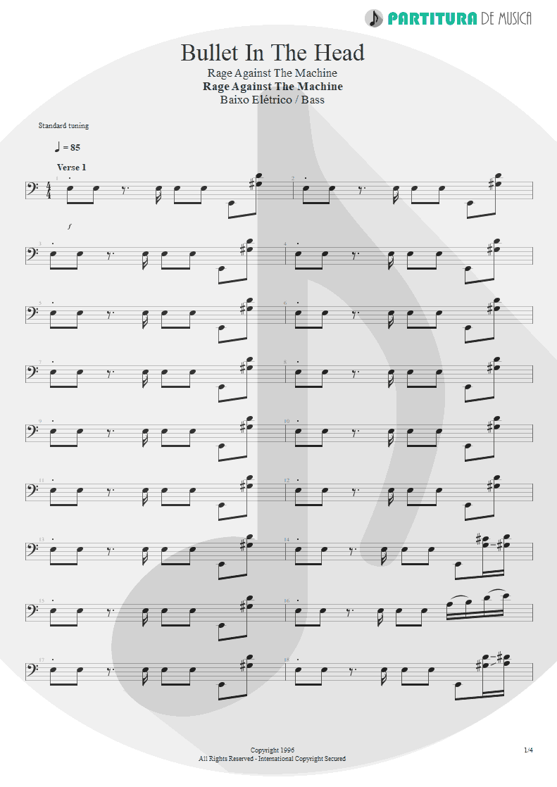 Partitura de musica de Baixo Elétrico - Bullet In The Head | Rage Against the Machine | Rage Against the Machine 1996 - pag 1