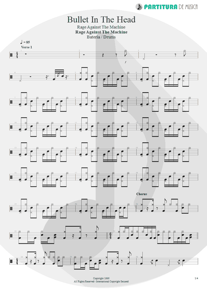 Partitura de musica de Bateria - Bullet In The Head | Rage Against the Machine | Rage Against the Machine 1996 - pag 1