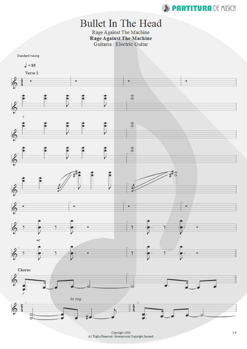 Partitura de musica de Guitarra Elétrica - Bullet In The Head | Rage Against the Machine | Rage Against the Machine 1996 - pag 1