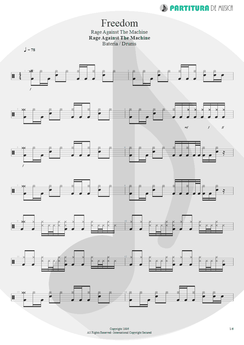 Partitura de musica de Bateria - Freedom | Rage Against the Machine | Rage Against the Machine 1996 - pag 1