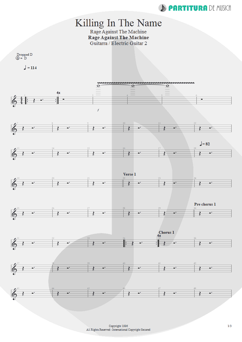 Partitura de musica de Guitarra Elétrica - Killing In The Name | Rage Against the Machine | Rage Against the Machine 1996 - pag 1