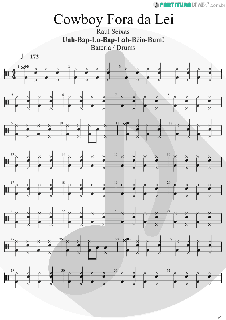 Partitura de musica de Bateria - Cowboy Fora da Lei | Raul Seixas | Uah-Bap-Lu-Bap-Lah-Béin-Bum! 1987 - pag 1