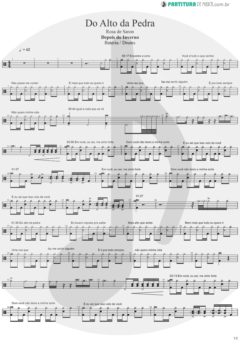 Partitura de musica de Bateria - Do Alto da Pedra | Rosa de Saron | Depois do Inverno 2002 - pag 1