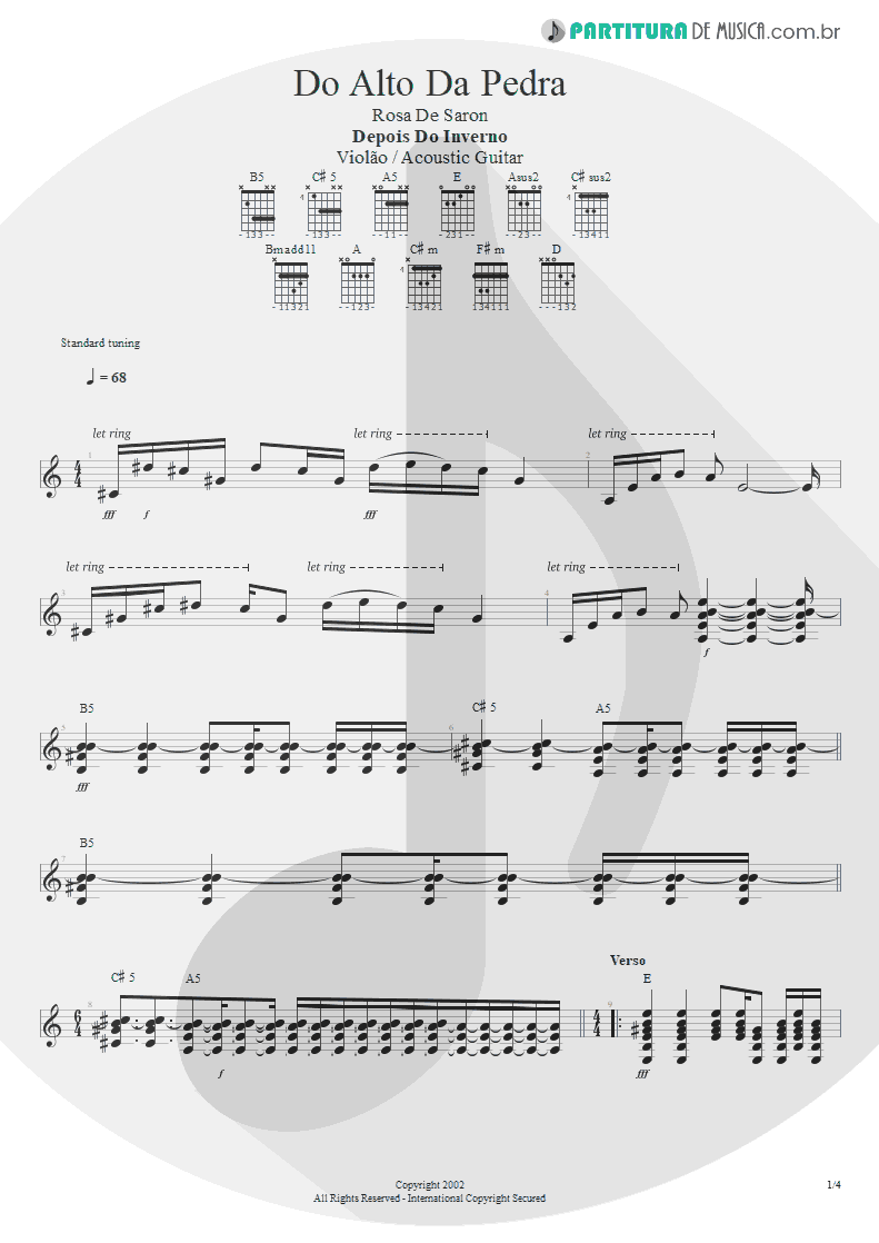 Partitura de musica de Violão - Do Alto da Pedra | Rosa de Saron | Depois do Inverno 2002 - pag 1