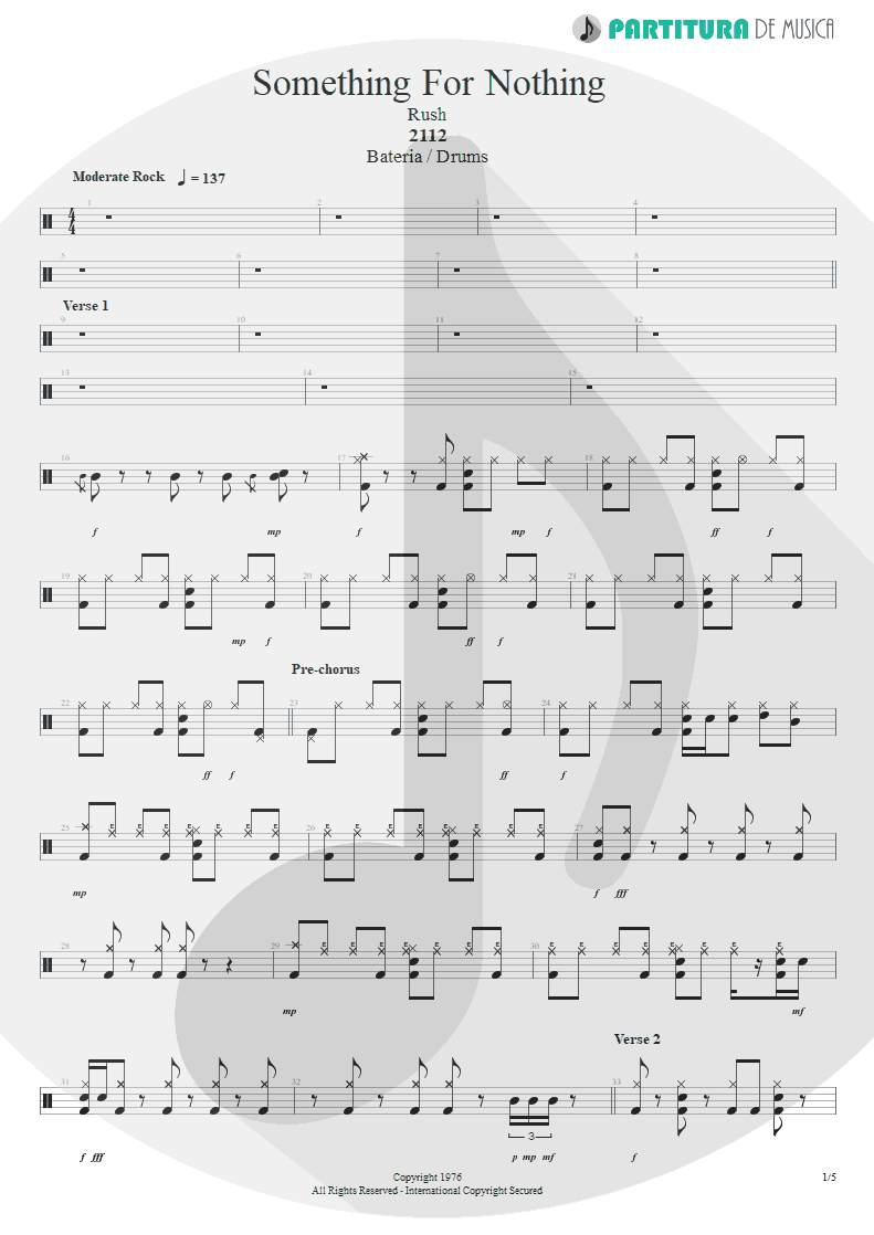 Partitura de musica de Bateria - Something For Nothing | Rush | 2112 1976 - pag 1