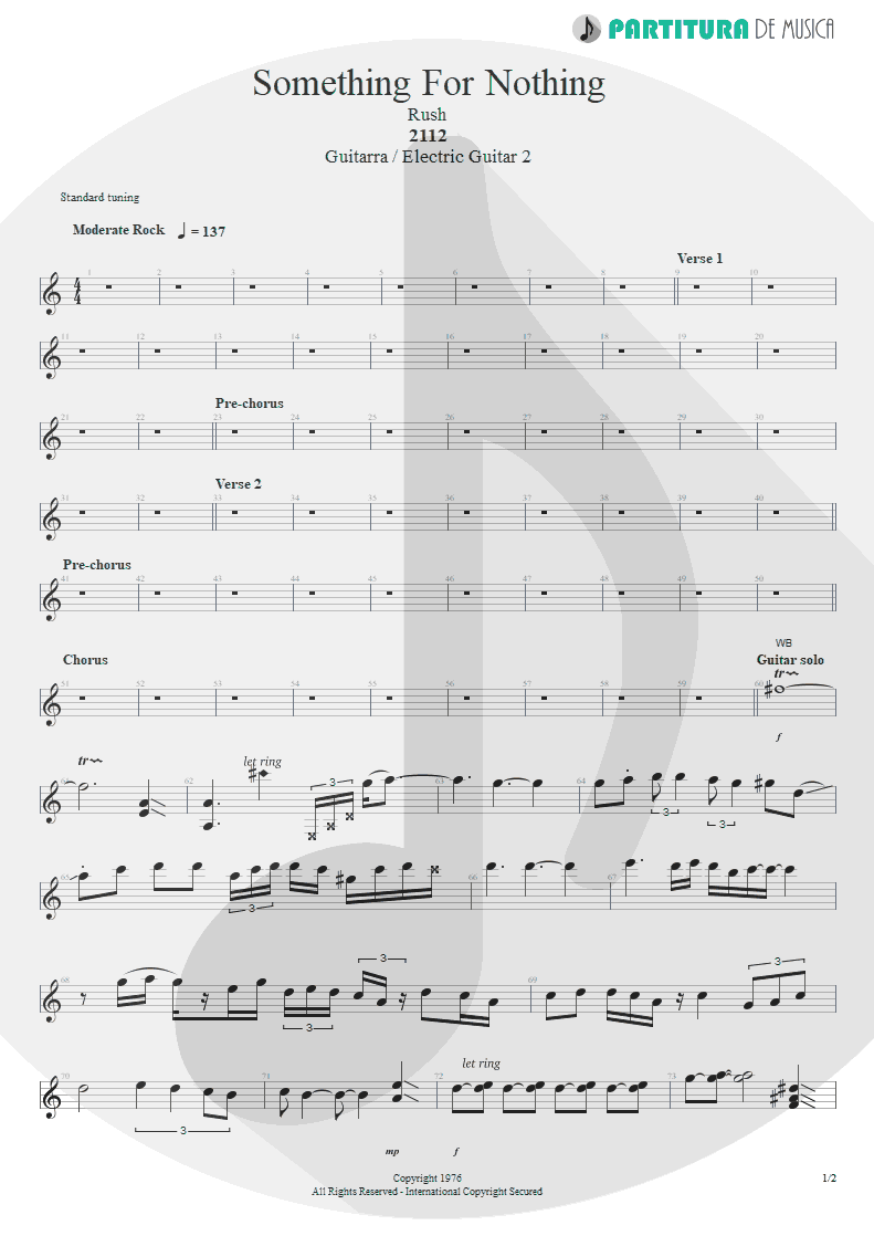 Partitura de musica de Guitarra Elétrica - Something For Nothing | Rush | 2112 1976 - pag 1