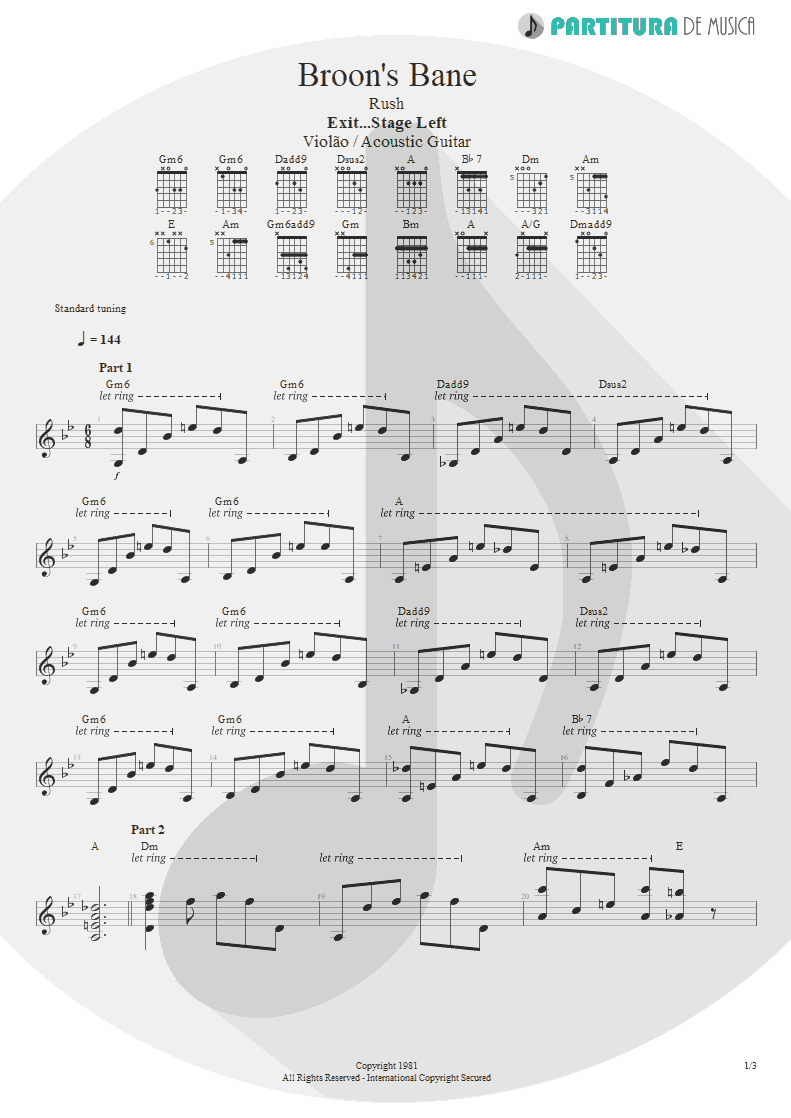 Partitura de musica de Violão - Broon's Bane | Rush | Exit...Stage Left 1981 - pag 1