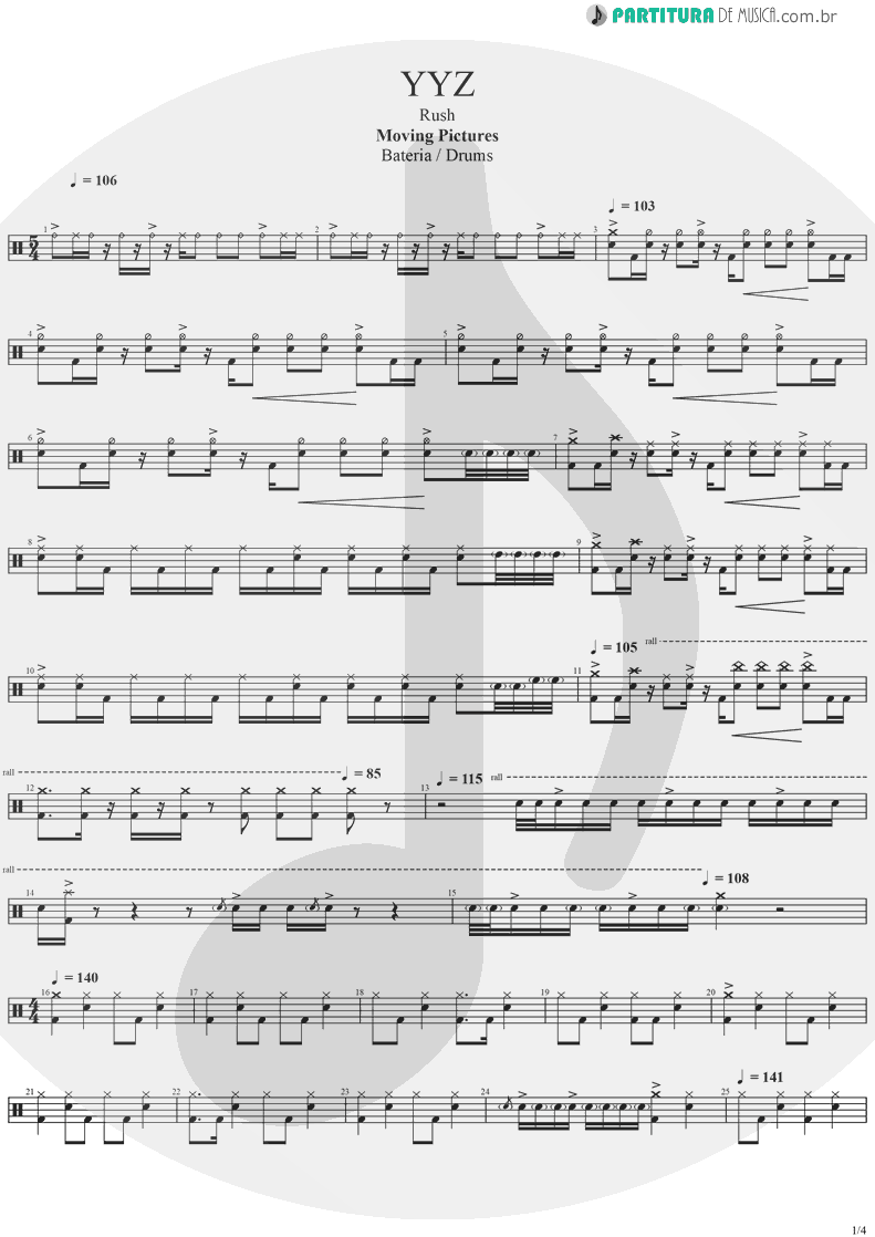 Partitura de musica de Bateria - YYZ | Rush | Moving Pictures 1981 - pag 1