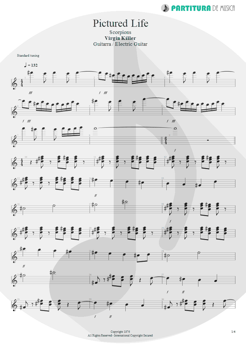 Partitura de musica de Guitarra Elétrica - Pictured Life | Scorpions | Virgin Killer 1976 - pag 1
