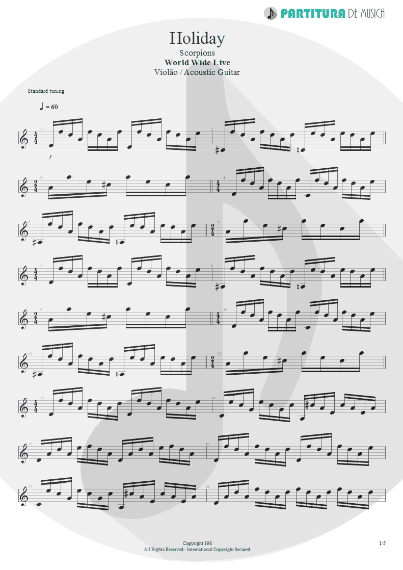Partitura de musica de Violão - Holiday | Scorpions | World Wide Live 1985 - pag 1