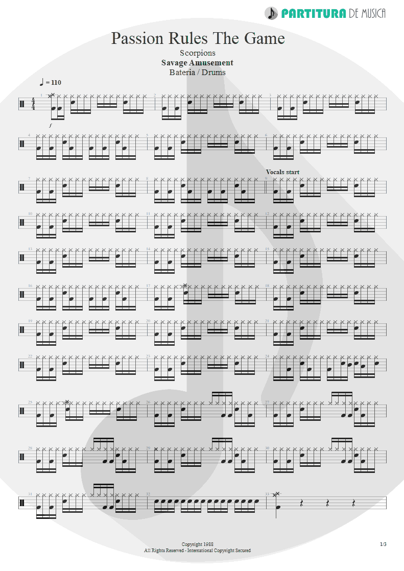Partitura de musica de Bateria - Passion Rules The Game | Scorpions | Savage Amusement 1988 - pag 1