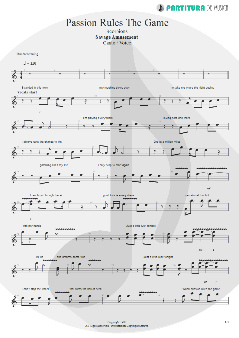 Partitura de musica de Canto - Passion Rules The Game | Scorpions | Savage Amusement 1988 - pag 1