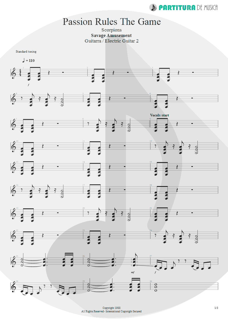 Partitura de musica de Guitarra Elétrica - Passion Rules The Game | Scorpions | Savage Amusement 1988 - pag 1