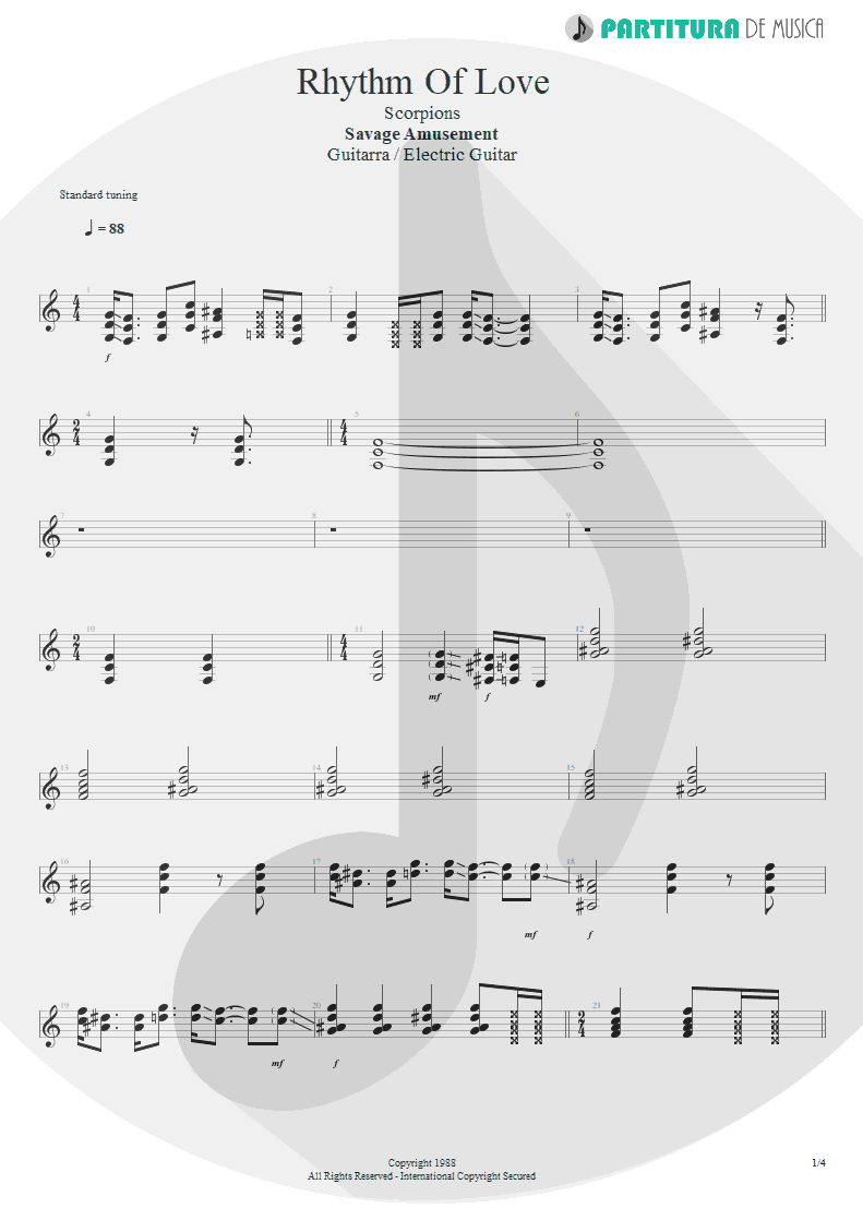 Partitura de musica de Guitarra Elétrica - Rhythm Of Love | Scorpions | Savage Amusement 1988 - pag 1