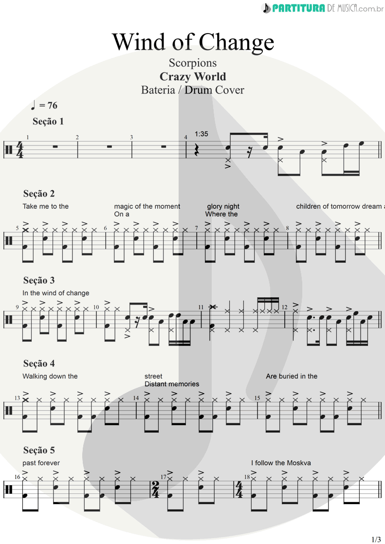 Partitura de musica de Bateria - Wind Of Change | Scorpions | Crazy World 1990 - pag 1