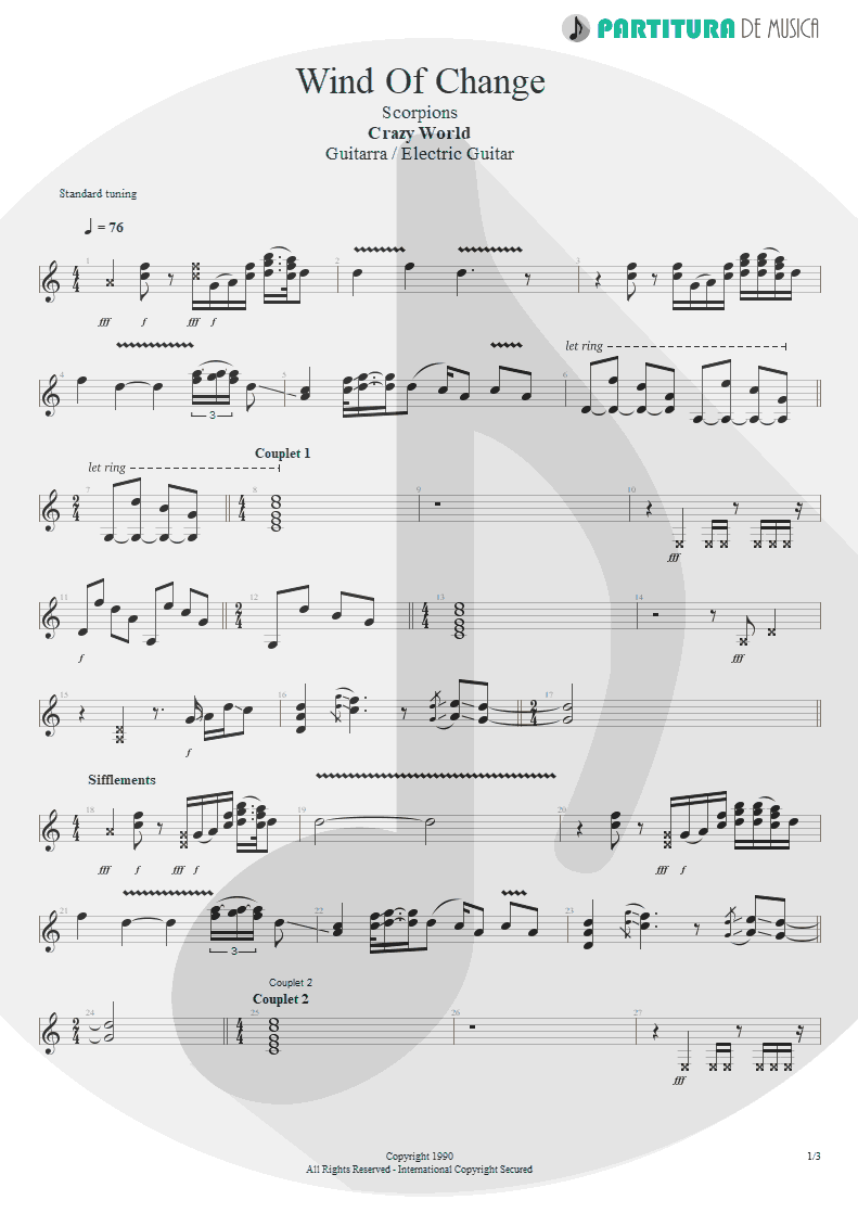 Partitura de musica de Guitarra Elétrica - Wind Of Change | Scorpions | Crazy World 1990 - pag 1