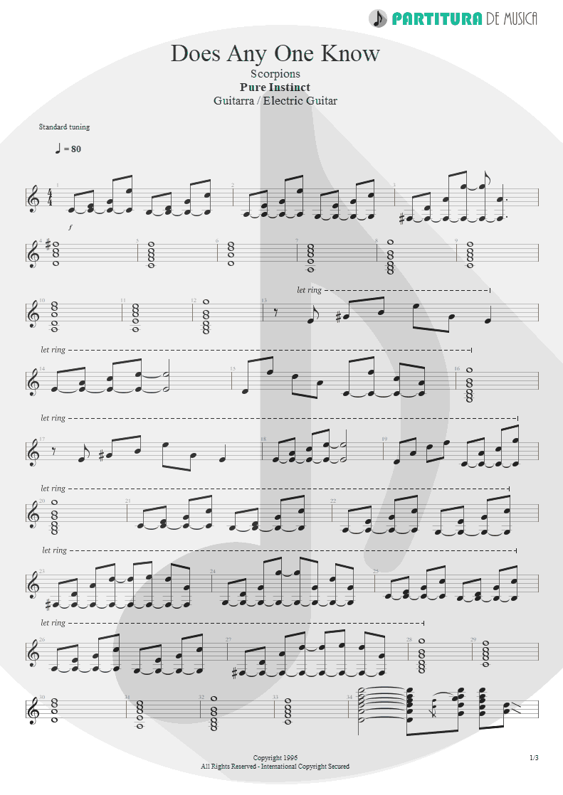 Partitura de musica de Guitarra Elétrica - Does Anyone Know | Scorpions | Pure Instinct 1996 - pag 1