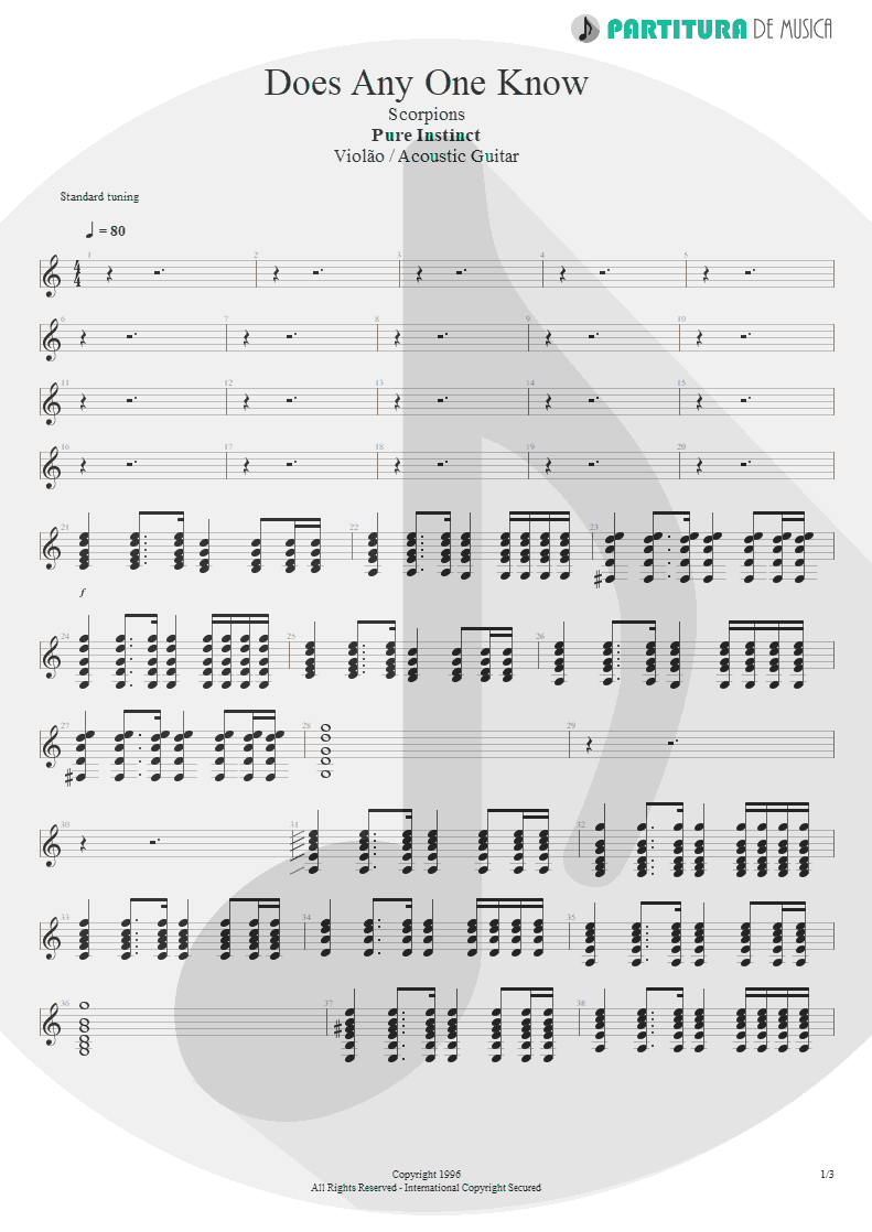 Partitura de musica de Violão - Does Anyone Know | Scorpions | Pure Instinct 1996 - pag 1