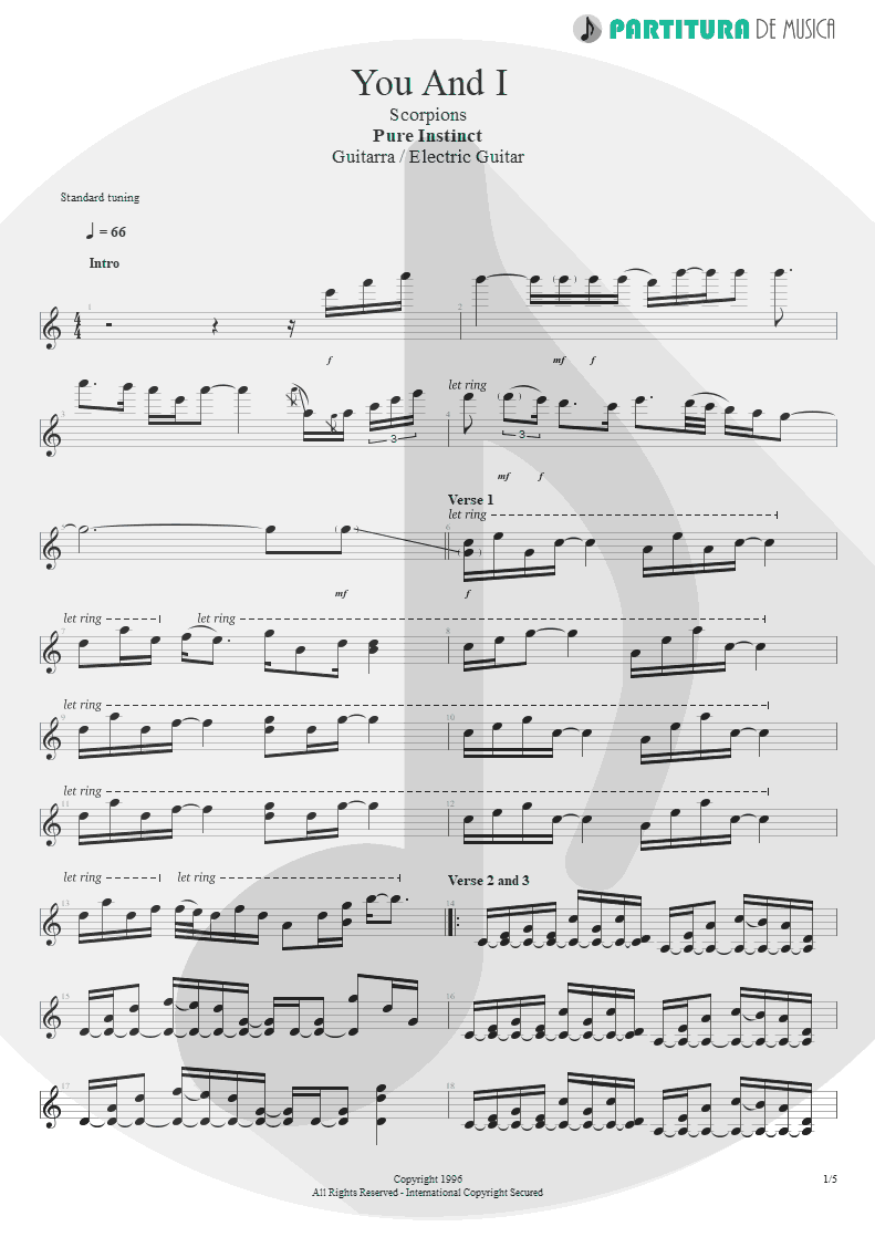 Partitura de musica de Guitarra Elétrica - You And I | Scorpions | Pure Instinct 1996 - pag 1