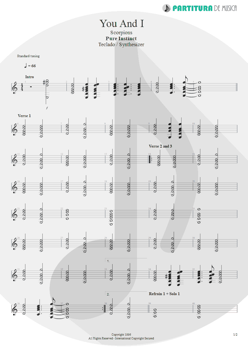 Partitura de musica de Teclado - You And I | Scorpions | Pure Instinct 1996 - pag 1