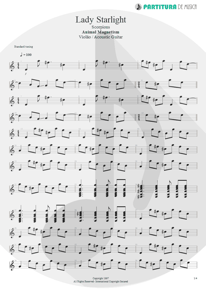 Partitura de musica de Violão - Lady Starlight | Scorpions | Animal Magnetism 1997 - pag 1