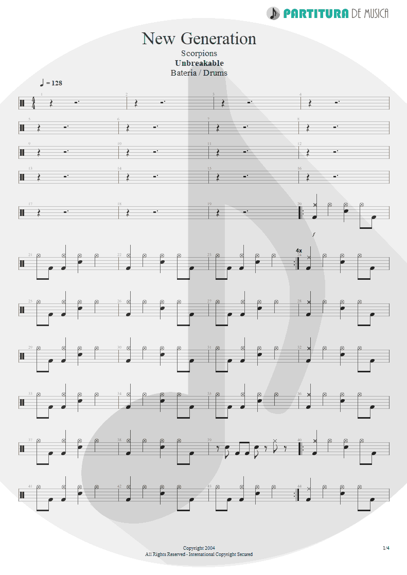 Partitura de musica de Bateria - New Generation | Scorpions | Unbreakable 2004 - pag 1