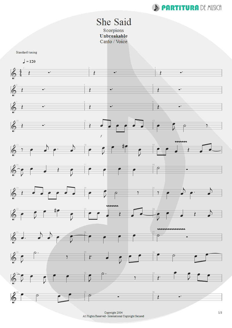 Partitura de musica de Canto - She Said | Scorpions | Unbreakable 2004 - pag 1