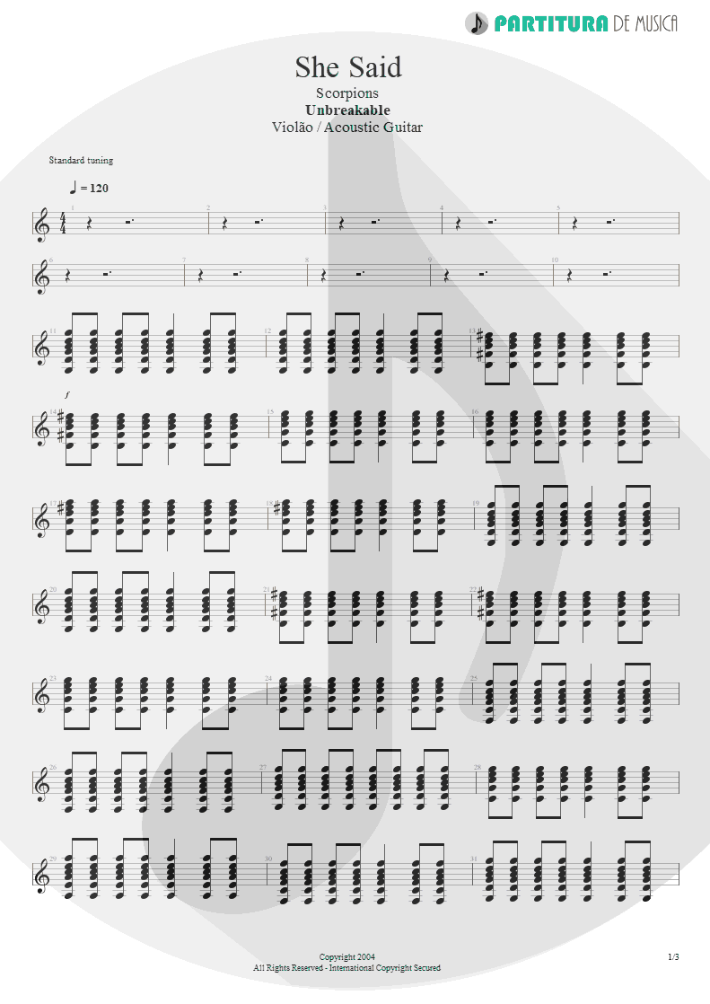 Partitura de musica de Violão - She Said | Scorpions | Unbreakable 2004 - pag 1