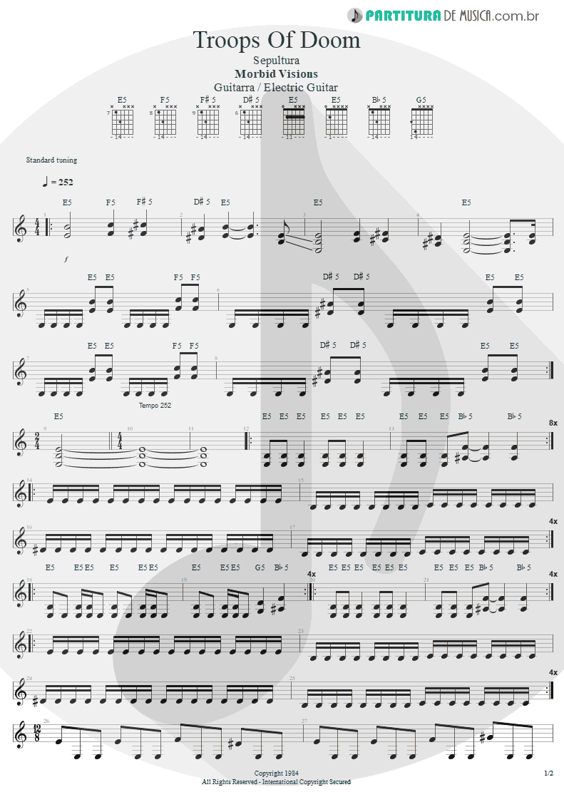 Partitura de musica de Guitarra Elétrica - Troops Of Doom | Sepultura | Morbid Visions 1984 - pag 1