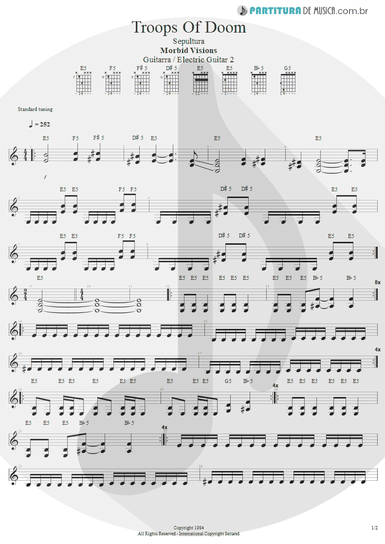 Partitura de musica de Guitarra Elétrica - Troops Of Doom | Sepultura | Morbid Visions 1984 - pag 1