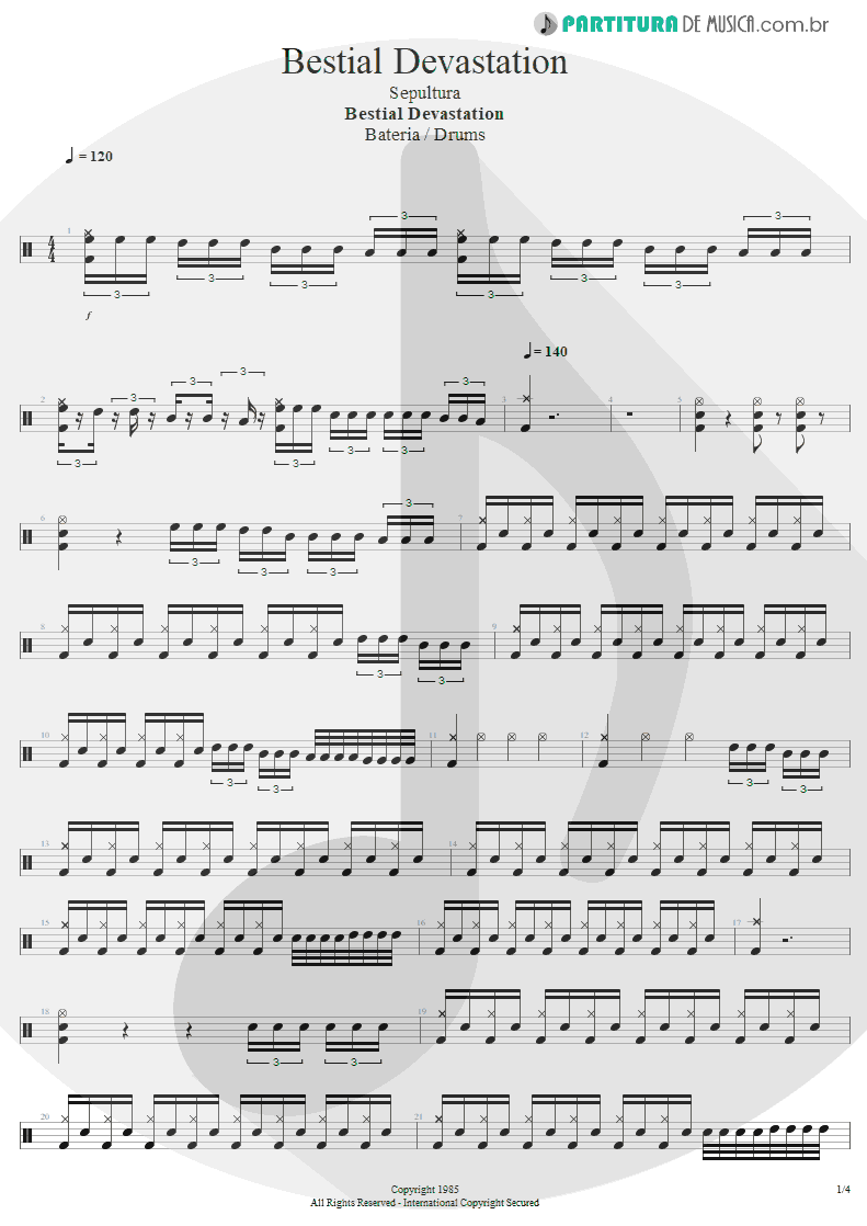 Partitura de musica de Bateria - Bestial Devastation | Sepultura | Bestial Devastation 1985 - pag 1