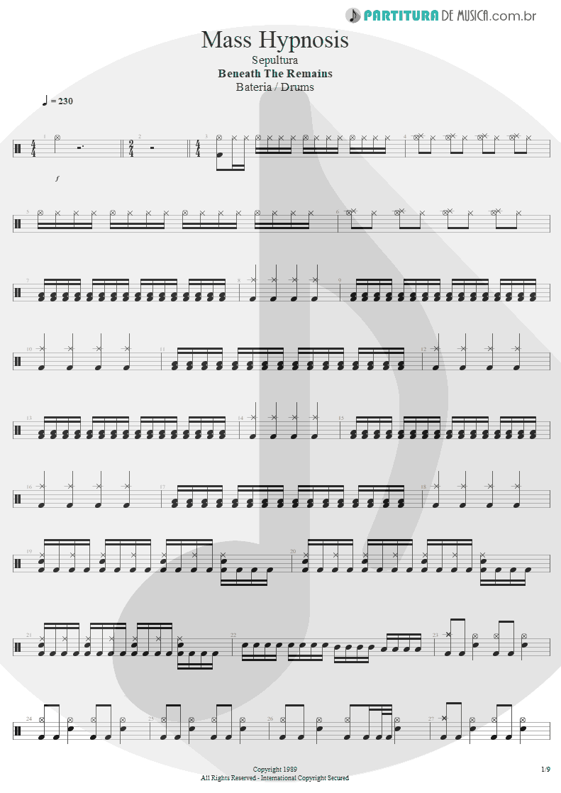 Partitura de musica de Bateria - Mass Hypnosis | Sepultura | Beneath the Remains 1989 - pag 1