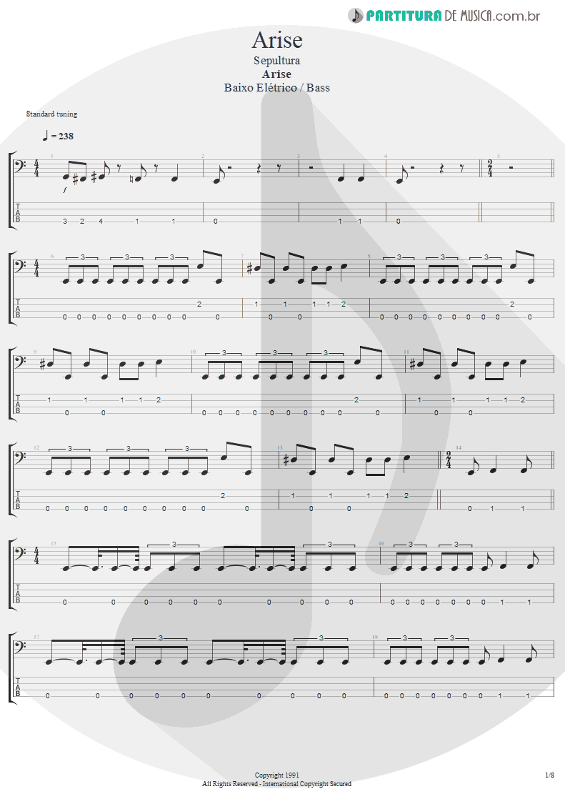 Tablatura + Partitura de musica de Baixo Elétrico - Arise | Sepultura | Arise 1991 - pag 1